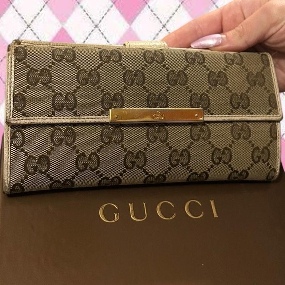 gucci brown and tan GG canvas continental wallet with gold hardware